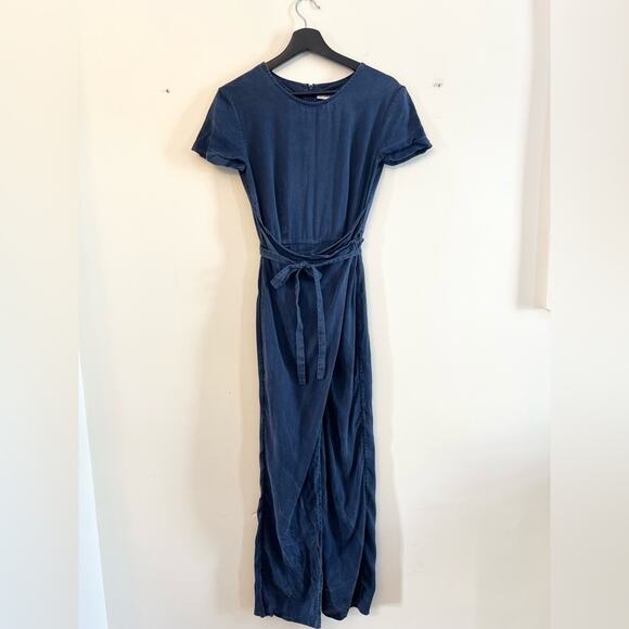 Shaina Mote Miro wrap jumpsuit navy blue 100% lyocell tie waist wide leg minimal - Picture 2 of 12